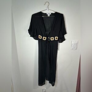 LIFE Love Is For Eternity Black Kimono Cover Up | Crochet Daisy Trim Beachwear M